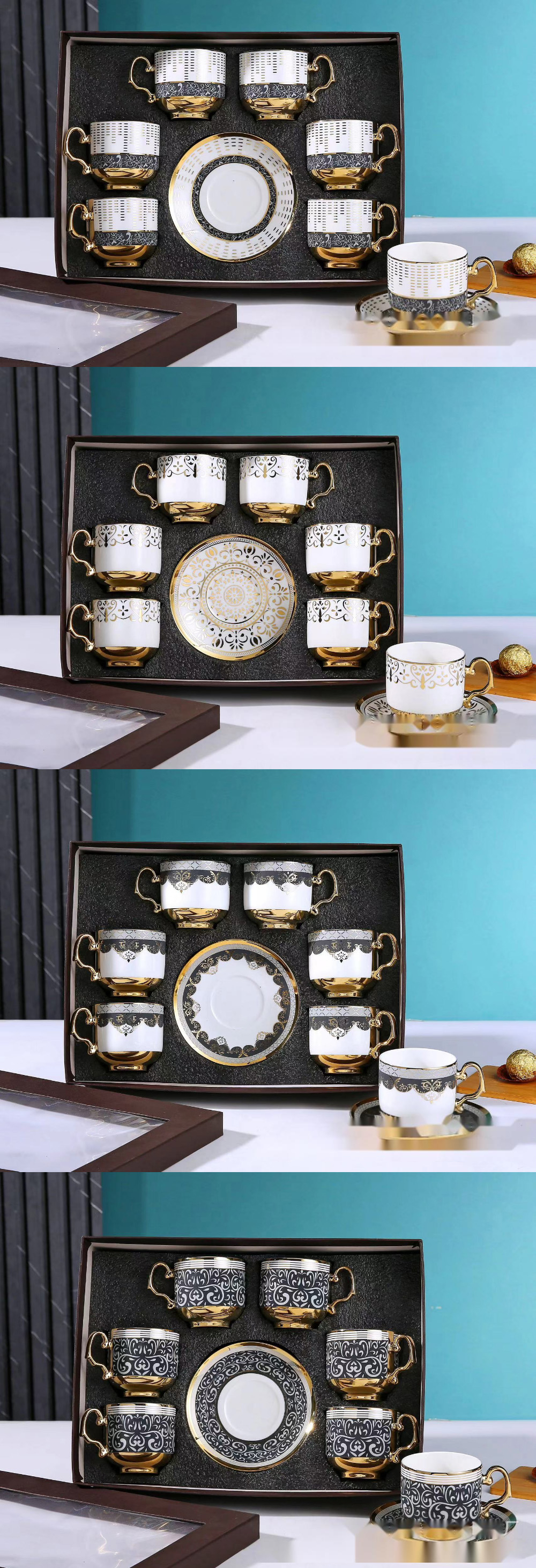6-Piece Ceramic Tableware Set for Coffee Tea and Cappuccino in Luxury Bamboo Gift Box