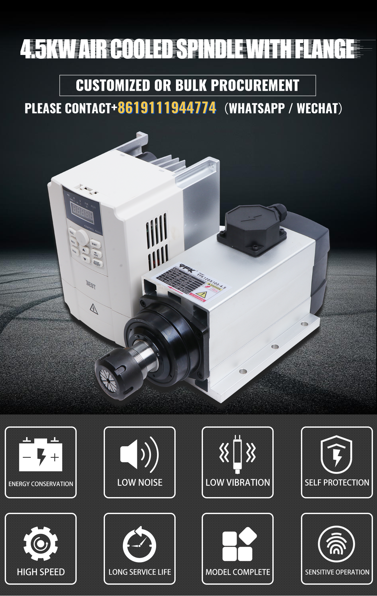 YFK120*103-4.5 4.5KW Air Cooled CNC Router Square Spindle Motor Kit for Garment Shops