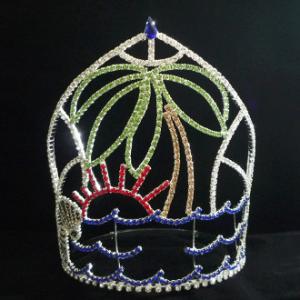 Quality Tall crown for summer pageants rhinestone crowns logo on the band silver red blue green stones wholesale