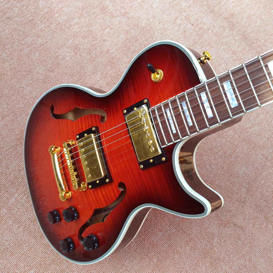 High quality custom LP Semi Hollow body Electric Guitar with F holes, Flame Maple Top & Back LP Electric guitar