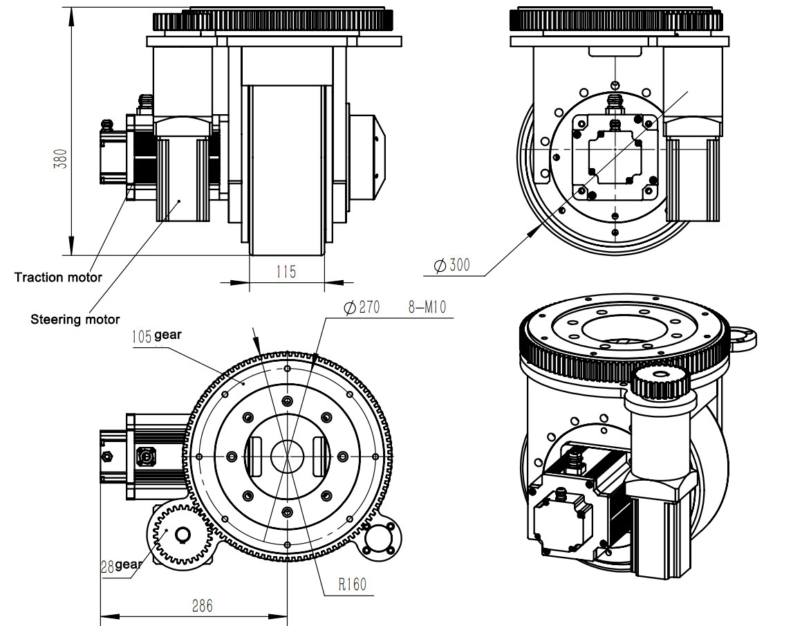 Excited Motor Horizontal AGV Steerable Drive Wheel Assembly 3000RPM