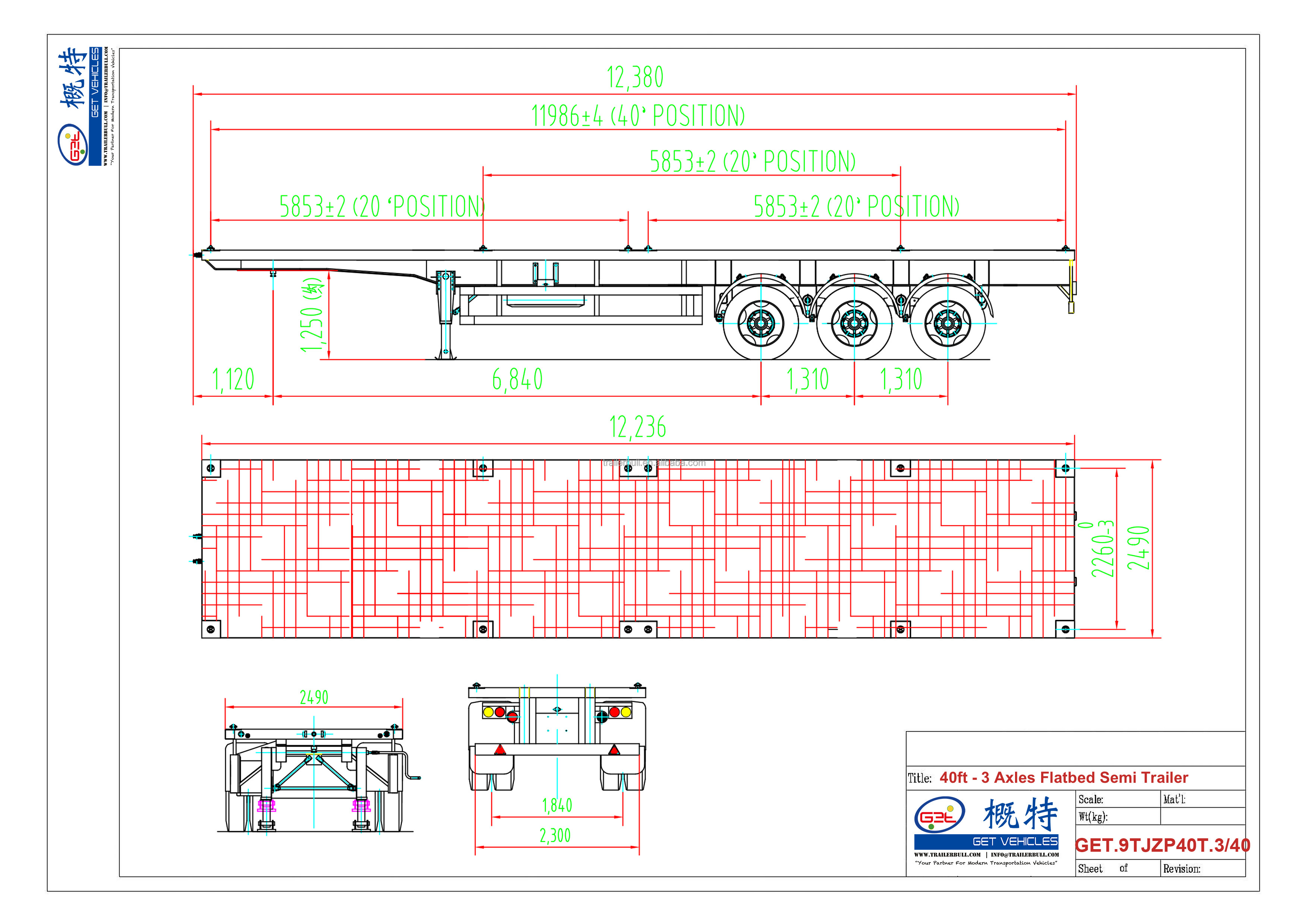 Heavy Cargo Transportation 40ft 45T Payload Flatbed Semi-Trailer with 3 Axels Versatile