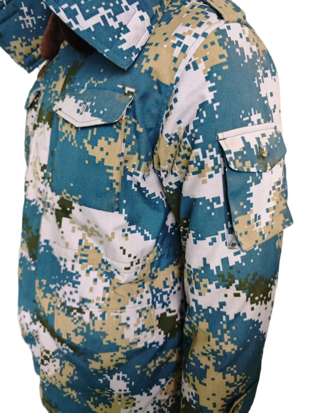 Tactical Blue Camo Insulated Jacket - Detachable Thermal Liner & Adjustable Waist Strap