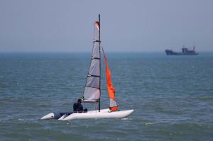Quality PVC Inflatable Sailing Boat 4.5m Frameless Pontoon Boats With Two Sails wholesale