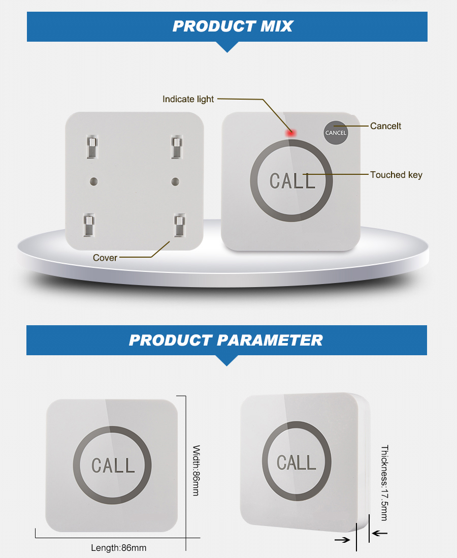 Wireless 433.92mhz patient touch call bell with 1m retractable cable