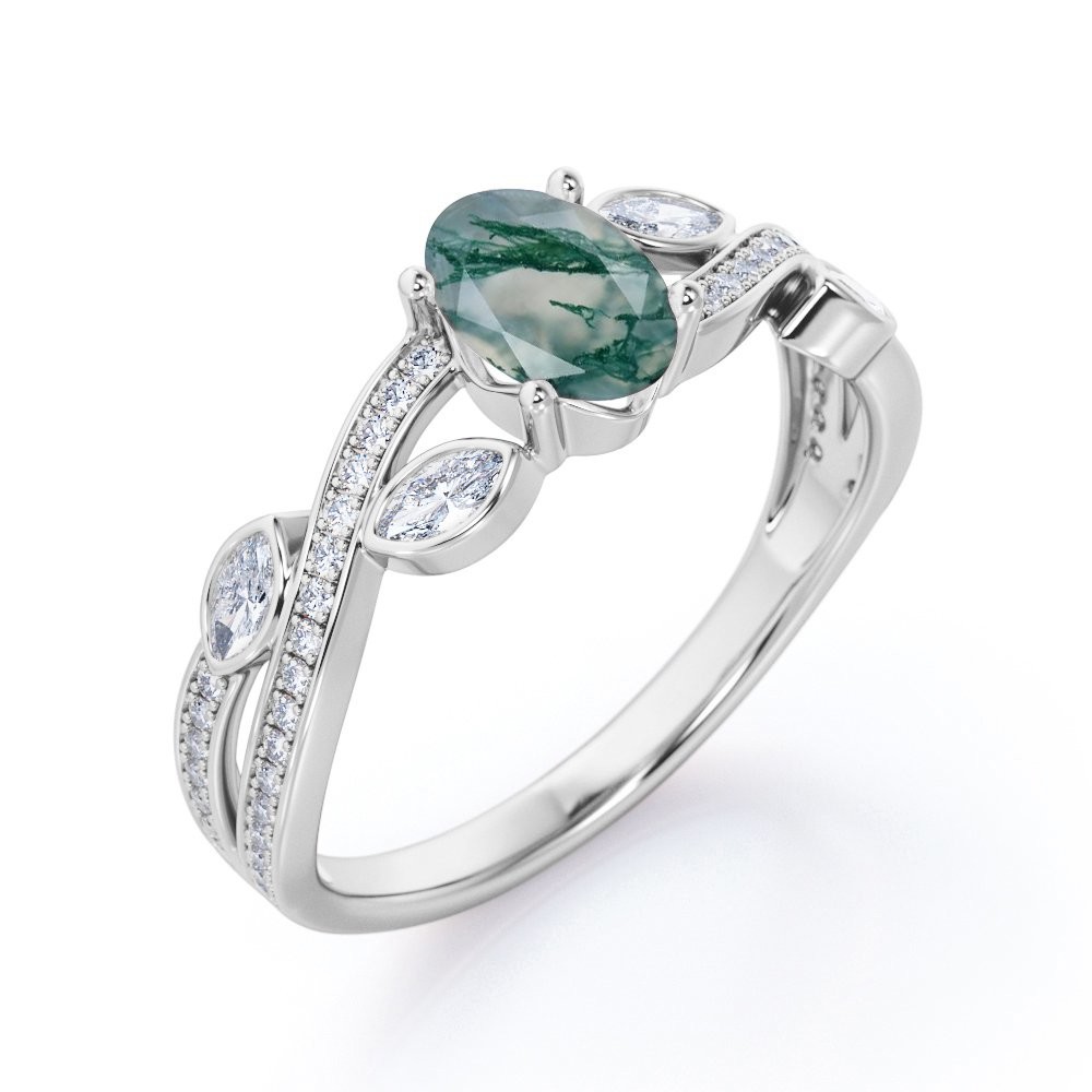 Crossover Over Shaped Opaque Milky Moss Green Agate Engagement Ring In 18K Filigree Engagement Ring