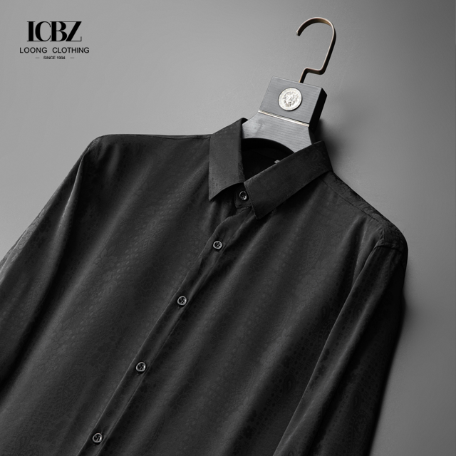 Black Large Size Long Sleeve Cotton Printed Shirt for Men Casual Shirts Slim Fit