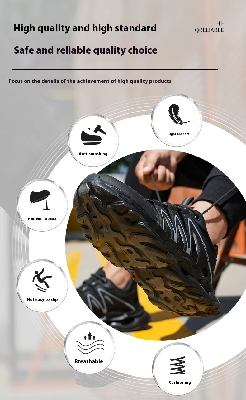 Breathable Microfiber Leather Mesh Safety Shoes With Kevlar Anti-stab Steel Toe And EVA Sole In Black