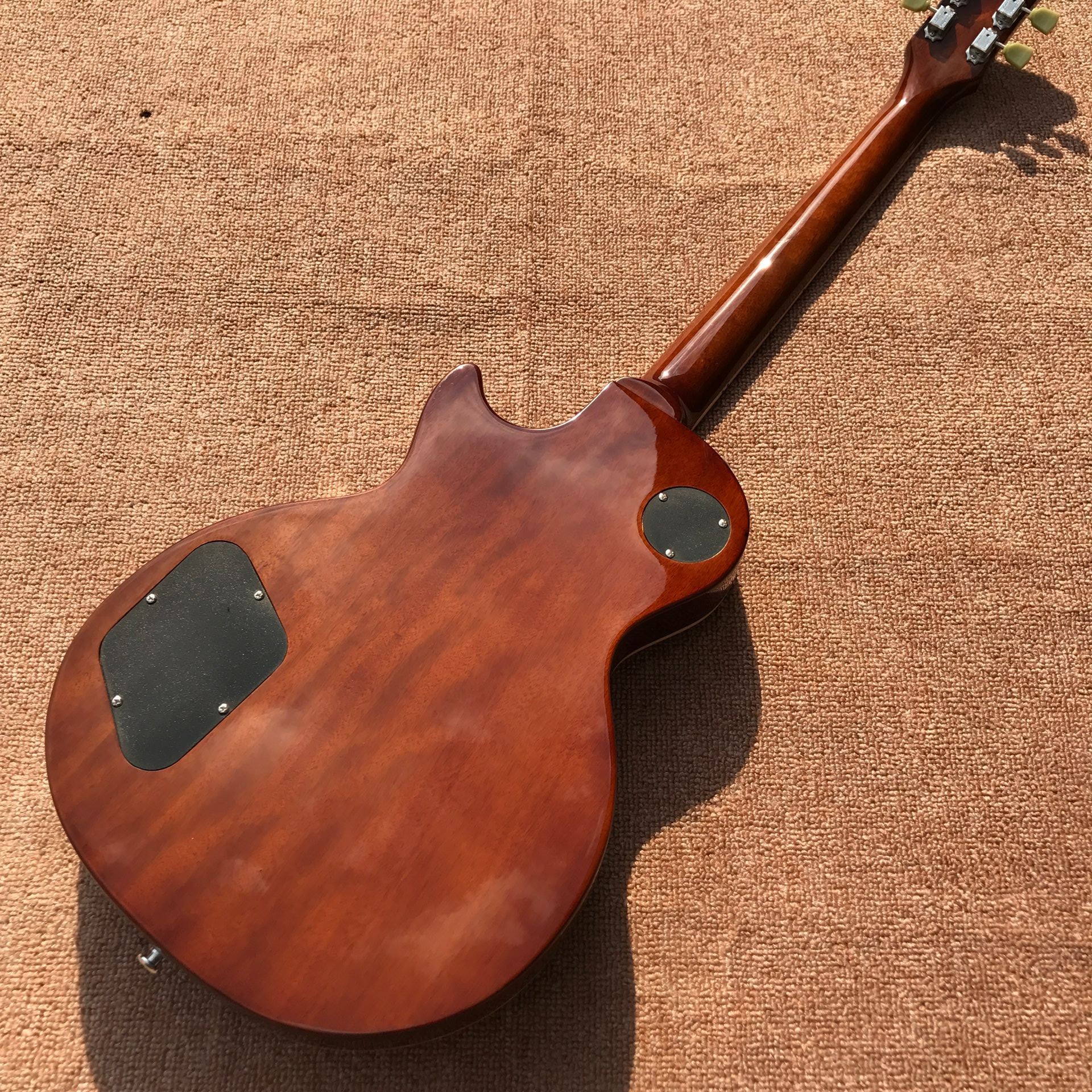 One piece Neck one piece body electric guitar, Upgrade Tune-o-Matic bridge guitar Tiger Flame standard guitar in sunburs
