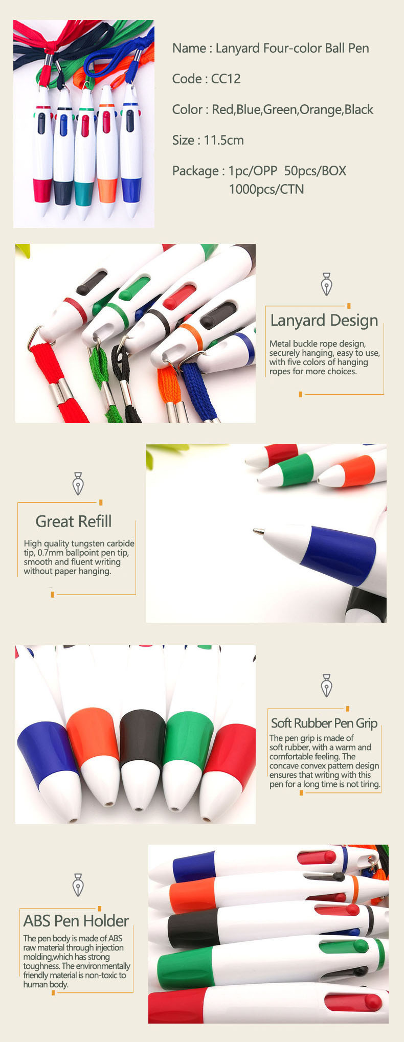 Four Color 0.7mm ballpoint pen Convenient Handbook Pen With Hanging Rope