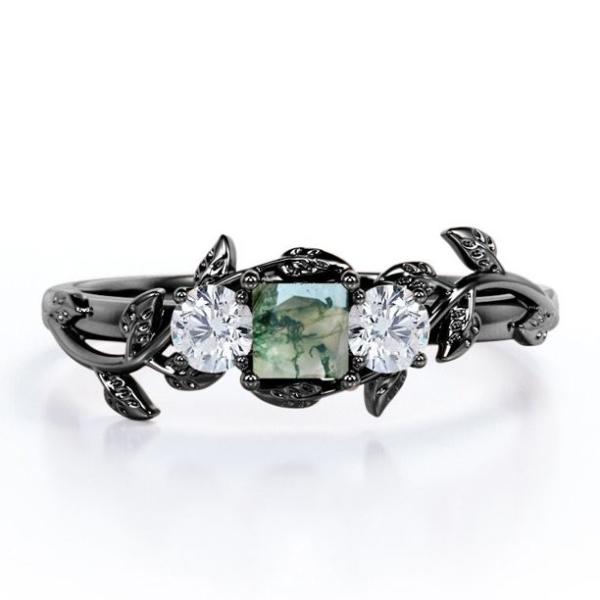 Branch Leaf Design Carat Princess Cut Milky White Moss Green Agate and