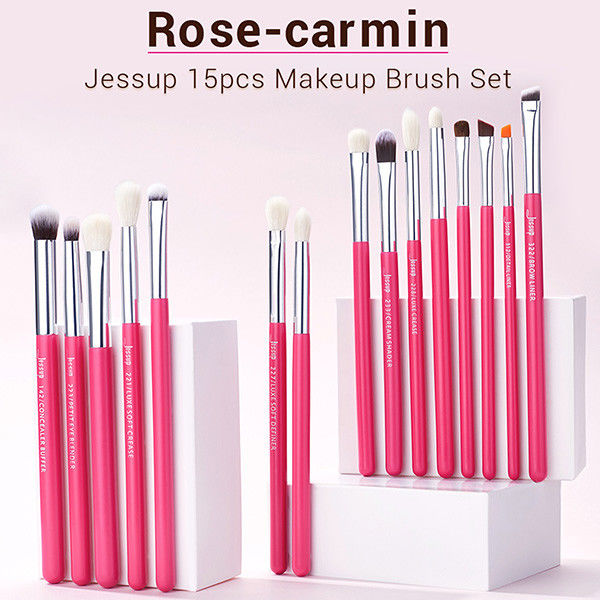 Jessup 15pcs Rose-carmin/Silver Eye Makeup Brush Set Wood Handle Cosmetic Makeup Brush Set T197