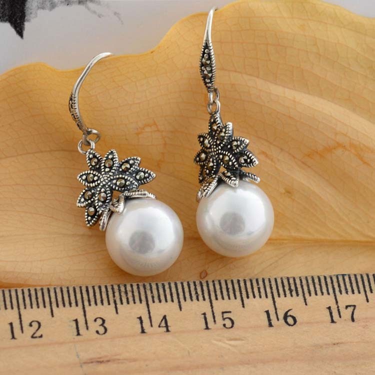 Sterling Silver White Pearl Dangle DropEarrings Thai Vintage Jewellery(E12035WHITE)
