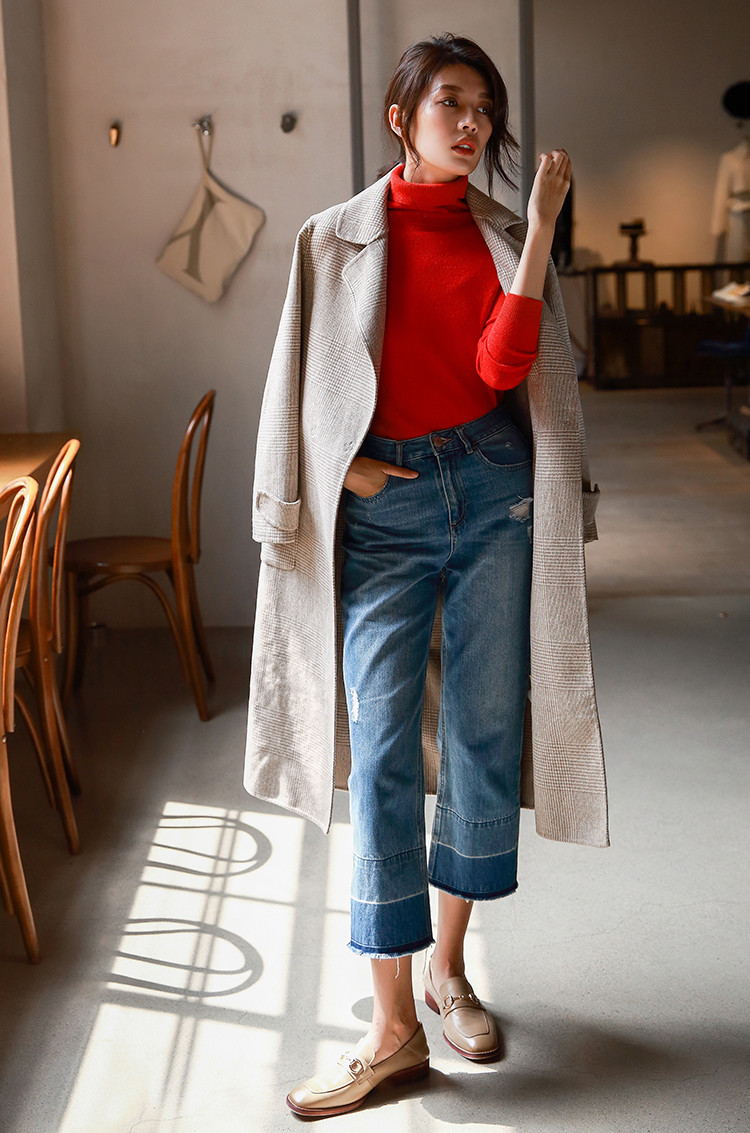 Women Wool Mixed Woven Fabric Clothing With Two Big Pockets