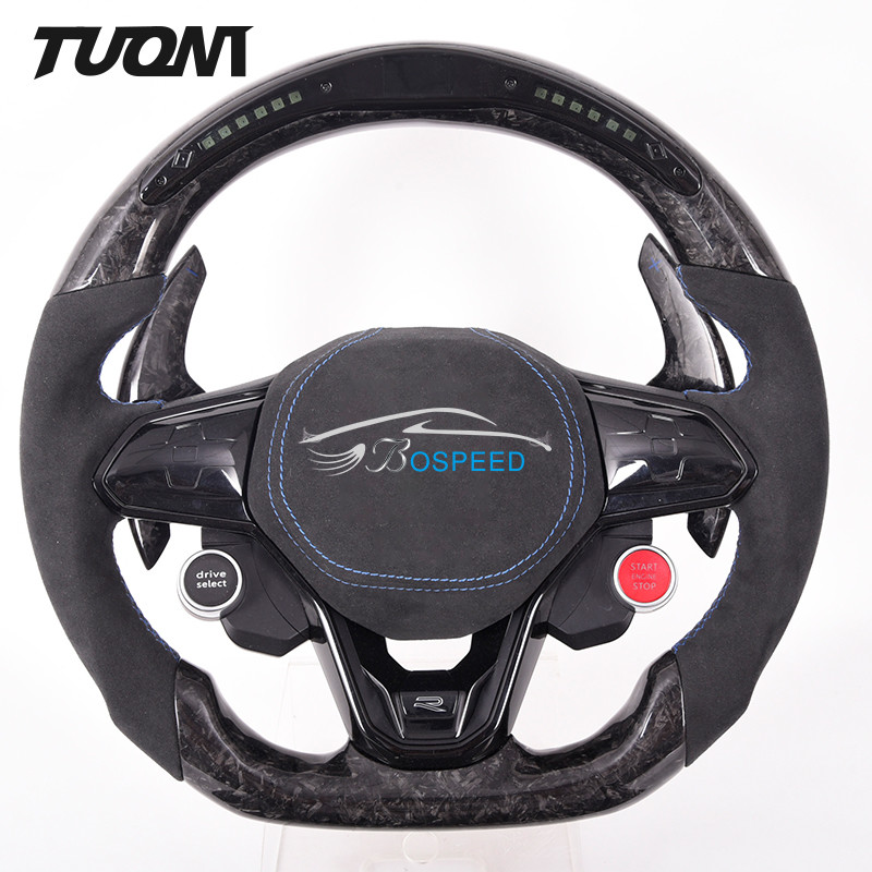 Leather Led Volkswagen Carbon Fiber Steering Wheel With Stripe 350mm