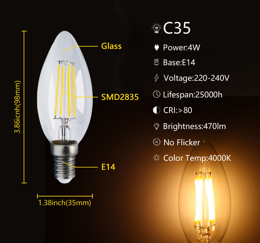 Candle 4W Bayonet Base Light Bulb Indoor C35 B15 Filament Bulb