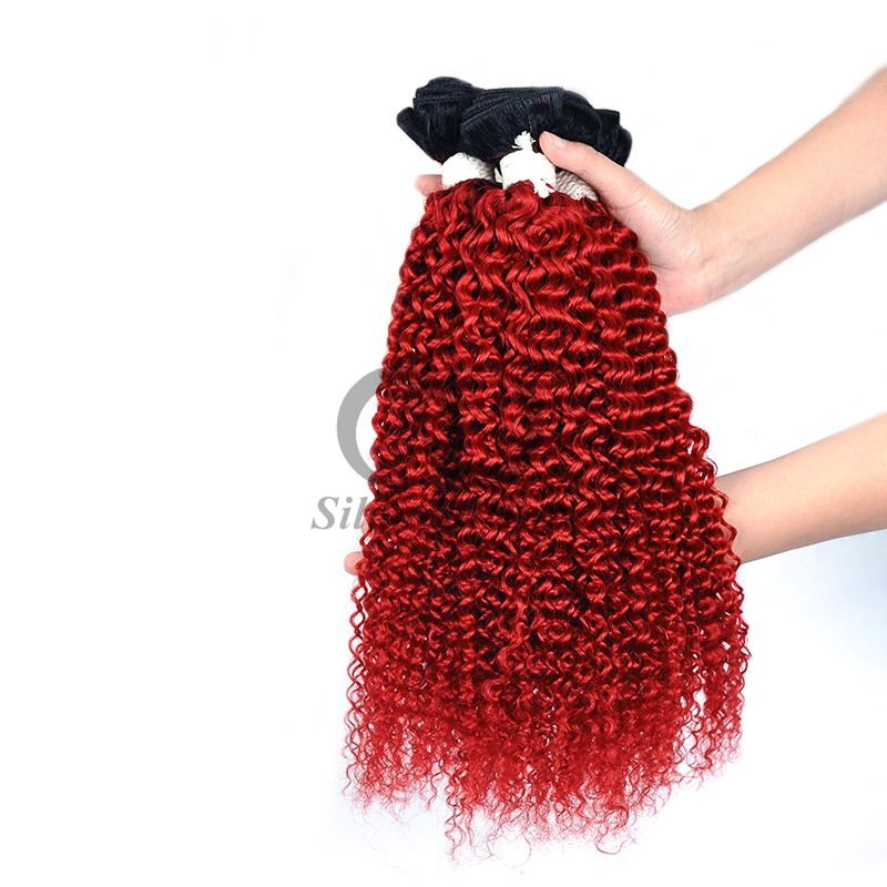 #T1B/Red Kinky Curly Remy Human Hair Bundles Sew In Weave Bundles Brazilian Bundle Deals