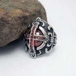 Men's Vintage Old Silver Plated Titanium Stainless Steel Ring Red Cubic Zircon