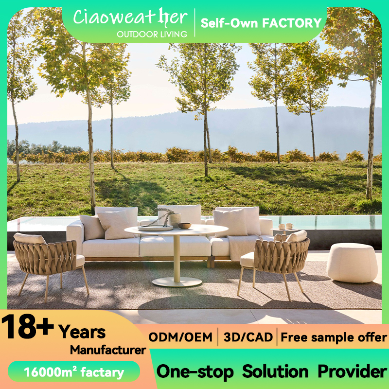 Outdoor Garden Sofa Luxury Teak Wood Patio Furniture Set with Water-Resistant Fabric Cushion