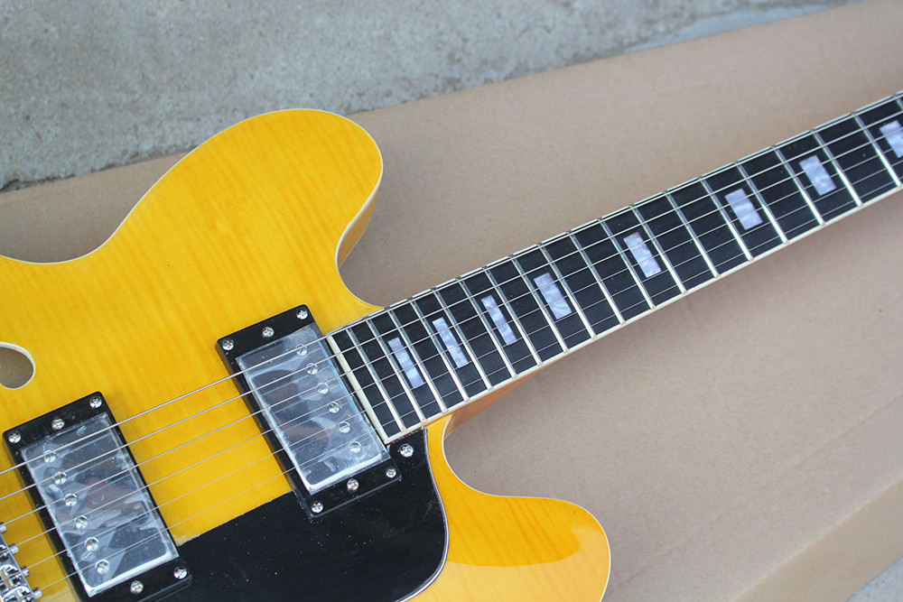 Custom Yellow Semi-hollow Body Electric Guitar with Flame Maple Veneer,Rosewood Fretboard