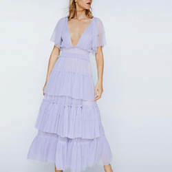 Fashion Custom Women Clothing Manufacturers Elegant Casual Deep V-Neck Short Sleeve Women Evening Mesh Dresses Maxi Party Dress
