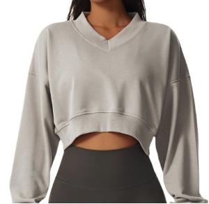 Quality Small Quantity Clothing Factory Women'S V Neck Long Sleeve Sweatshirt Casual Pullover Top 50% Cotton 50% Polyester wholesale