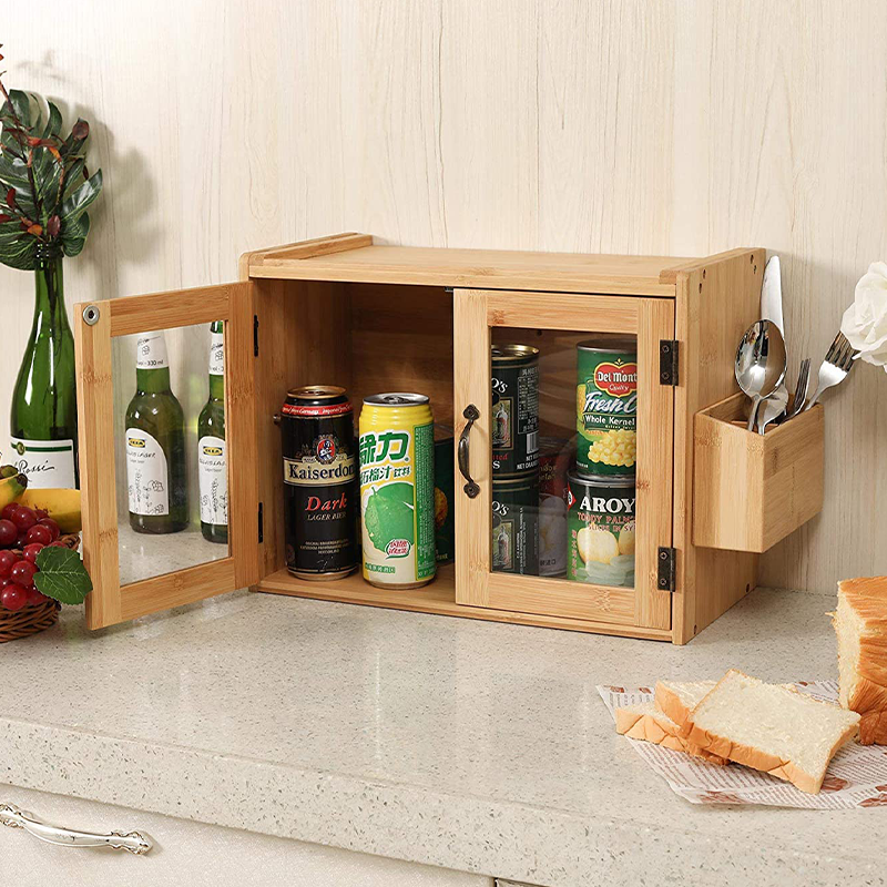 Direct 2 Tier Wall Mounted Bamboo Bread Box with Clear Window and Silverware Holder