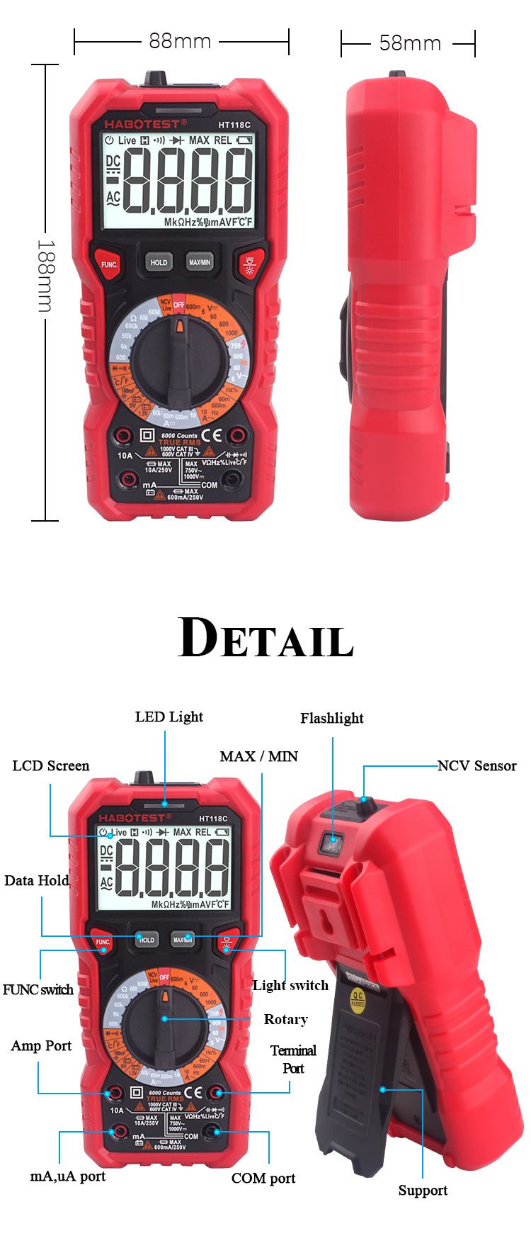 Habotes HT118 AC DC Tester Meter Auto Range Digital Multimeter Voltmeter with Resistance Frequency T-RMS