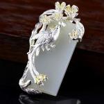 925 Sterling Silver Sculptured Flower Bird Natural Jade Pendant Necklace