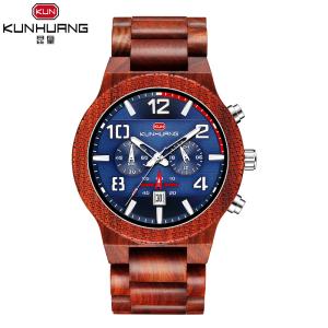 Quality Man Red Sandel Wooden Quartz Watch Blue Dial Luminous Water Proof 1015-3 wholesale