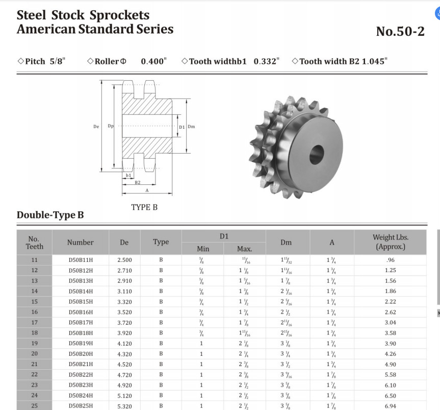 SS Double Strand Roller Chain Sprockets , Double Row Sprocket 50B15T