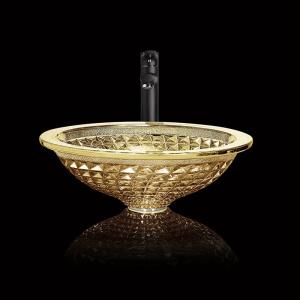 Quality Chromed Clear Glass Bowl Sink Golden Wash Hand Modern Crystal Bathroom Vanity wholesale