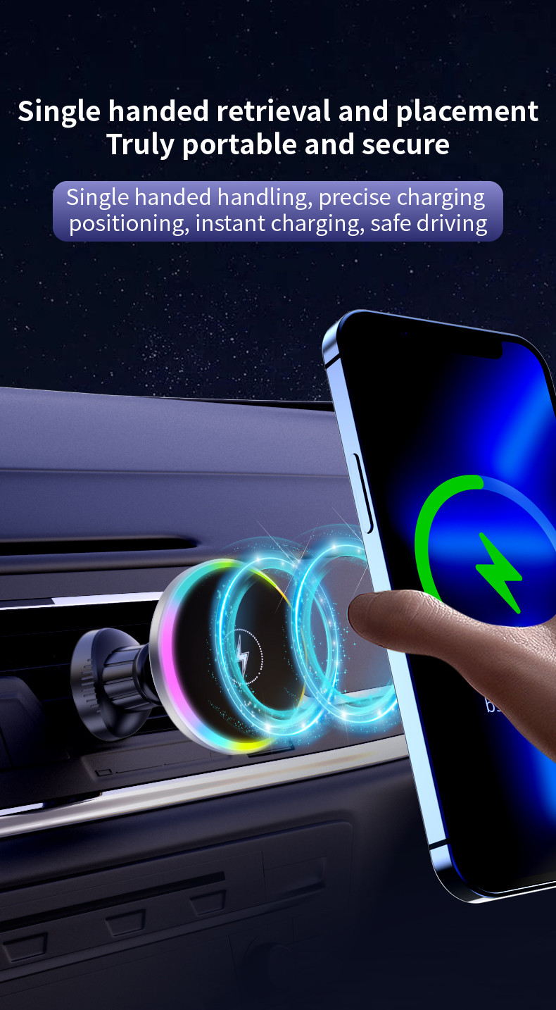 Magnetic Wireless Car Charger with 15W Max Output and 110-205KHz Charging Frequency