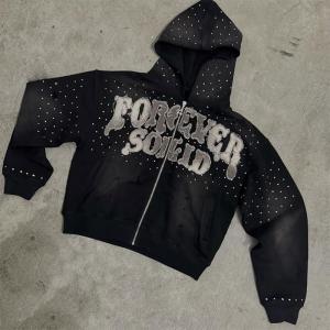 Embroidery Patch Logo Streetwear Mens Hoodies Rhinestone Hooded Sweatshirt