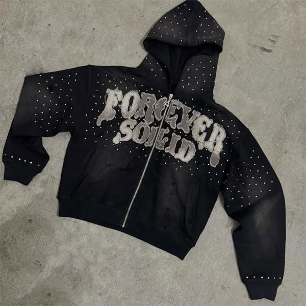 Cheap Embroidery Patch Logo Streetwear Mens Hoodies Rhinestone Hooded Sweatshirt for sale