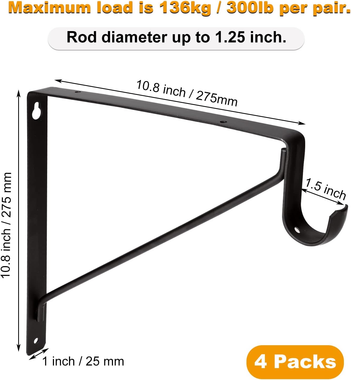 Black Heavy Duty Closet Rod Shelf Brackets Clothes Hanger Pole Support Bracket Offered