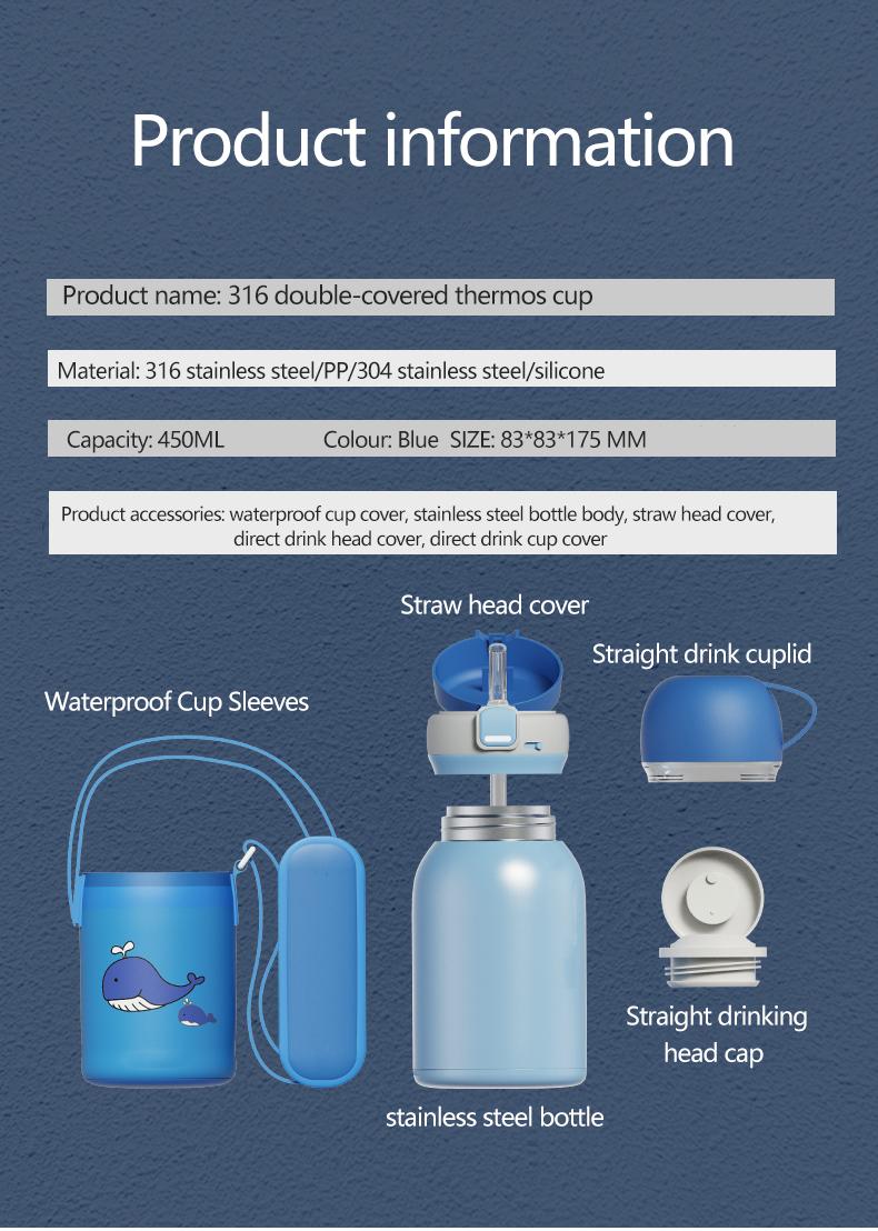 450ml Portable Thermos Flask 316 Stainless Steel Water Bottle Straight Cup