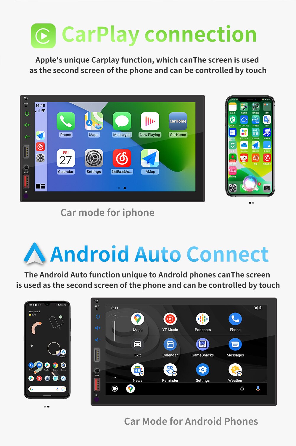 178*102mm Size HD Touch Screen Car MP5 Player with Carplay Bluetooth and Reverse Camera