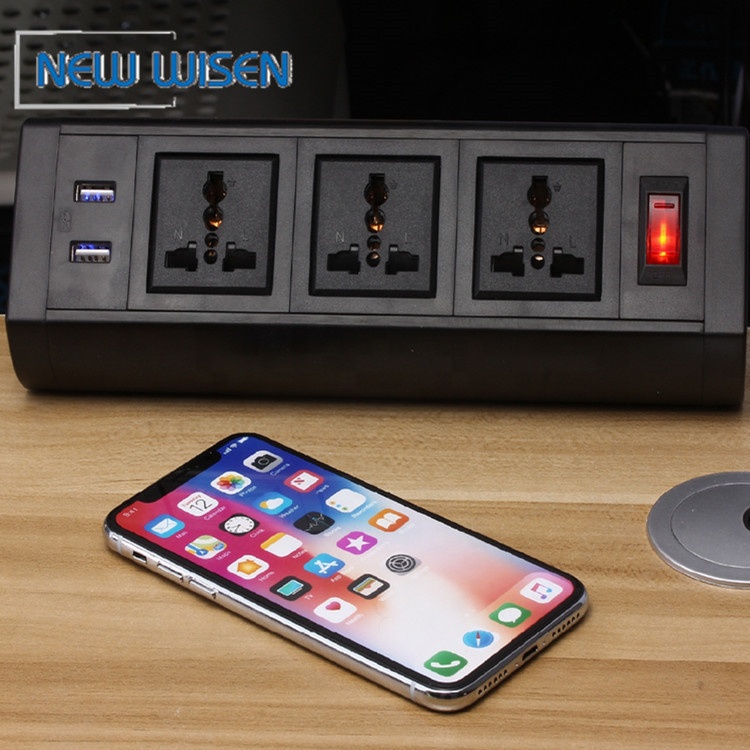 Oxidized Aluminium Table Mount Power Strip USB 2.1A 110V-240V