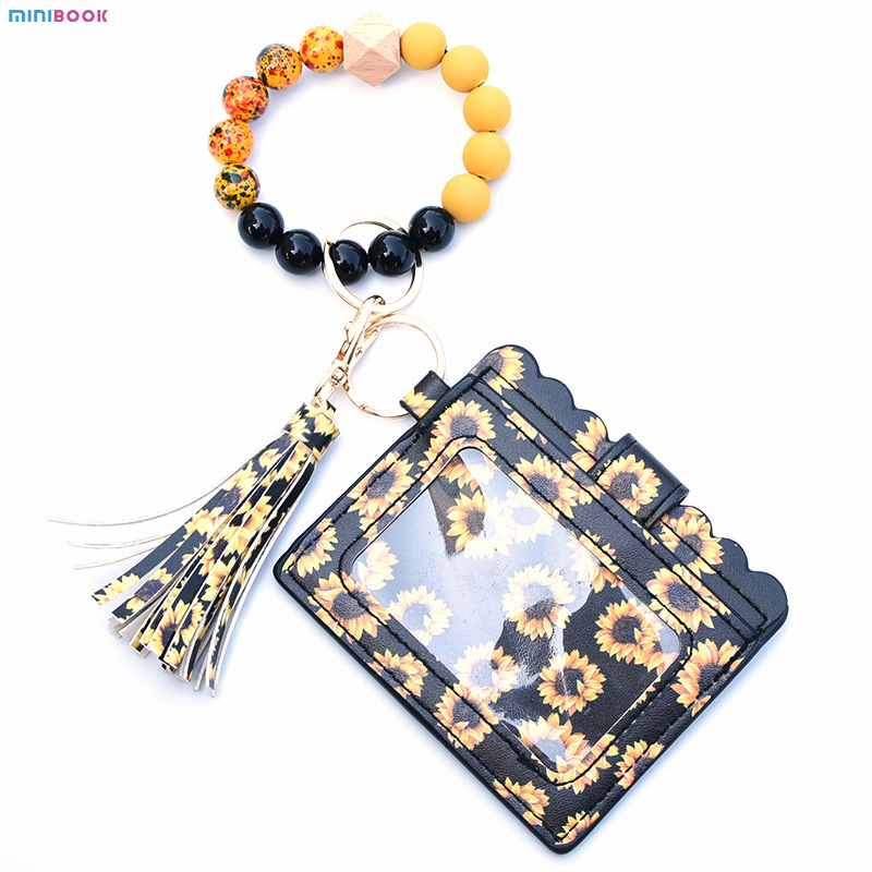 Leopard Keychain Wallet With Wristlet Bangle Bracelet Silicone Beads Bracelet PU Logo