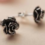 Women Sterling 925 Silver Rose Design Black Rhodium Plated Stud Earrings (034970