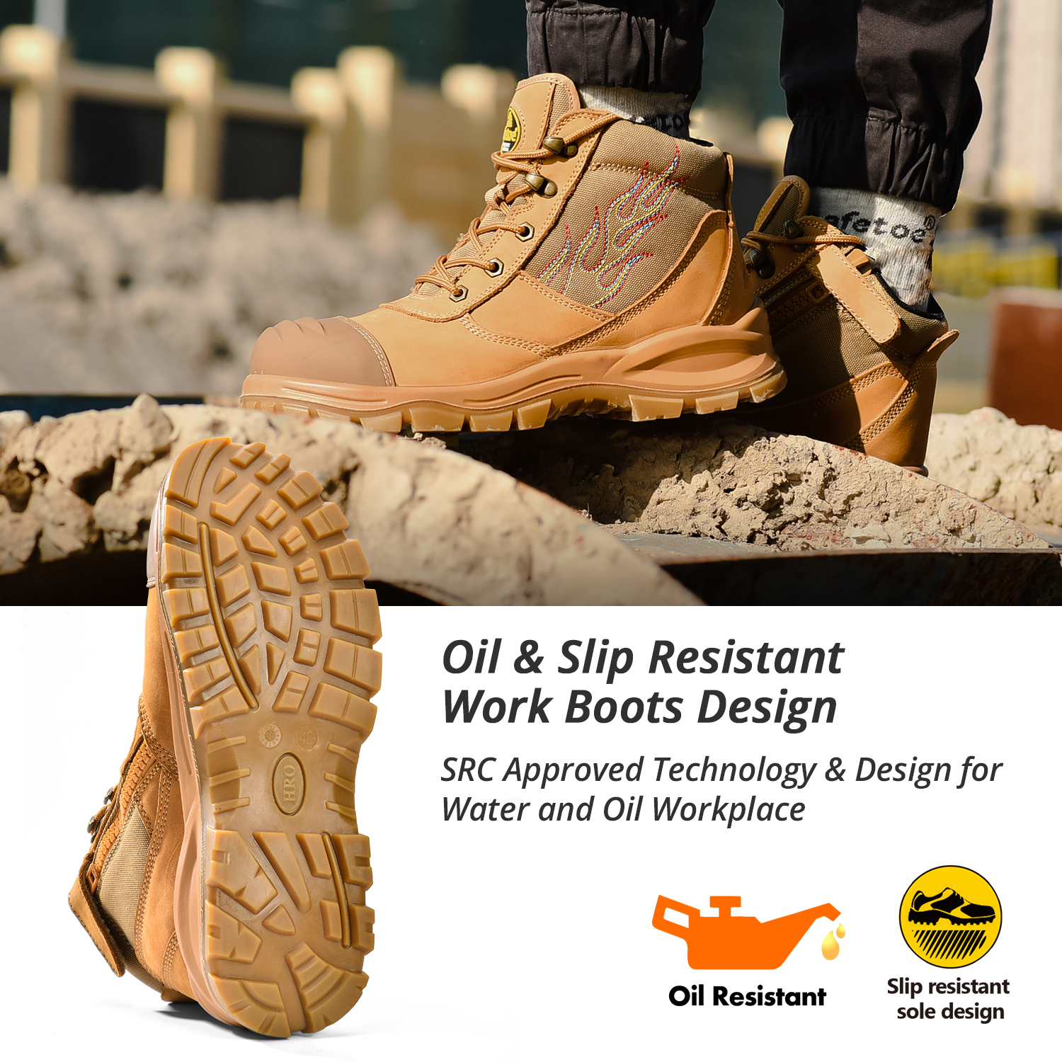 American ANSI Mens Leather Work Boots HRO 300 Heat Resistant Rubber Sole Composite Toe Work Boots
