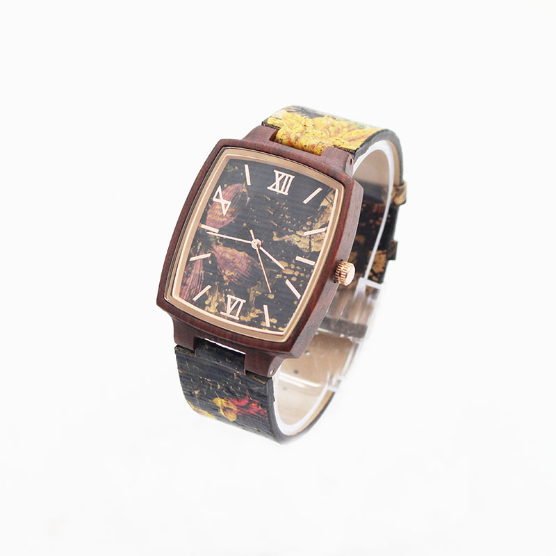 Square Mens Black Leather Watch Eco Friendly Cork Band No Harm To Skin