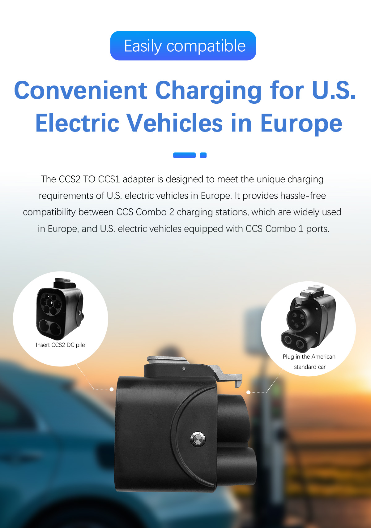 Portable Fast DC EV Charger Adapter for Electric Cars Input Voltage 1000 CCS2 to CCS1 Ev Connector Rated Power 250kw