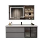Apartment Bathroom Cabinet Set Nordic Modern Black Wooden Mirrored Wall Mounted