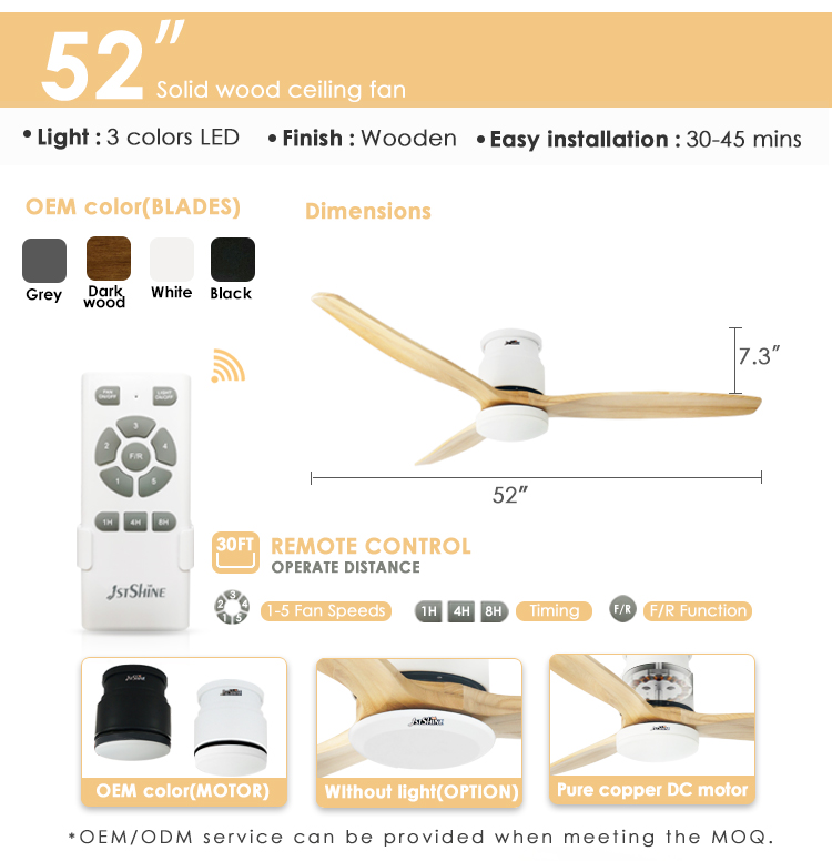 15CM Suspender Natural Wood Blades LED Ceiling Fan for Customizable Energy Efficiency