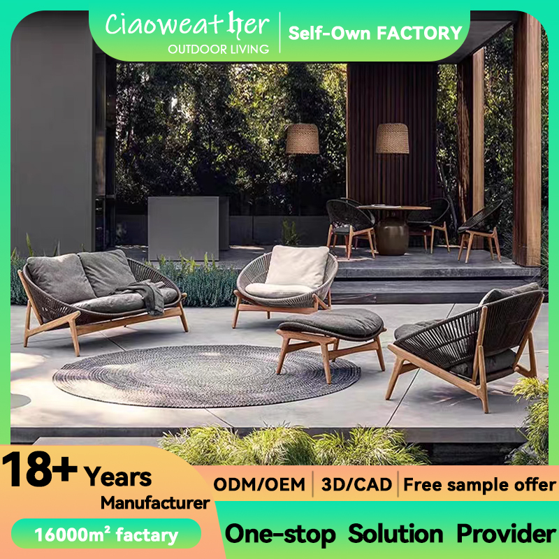 Outdoor Teak Wood Rope Sectional Couch Sofa Set For Garden For Outdoor Furniture Cushion Outdoor Foam water-resistant Fabric