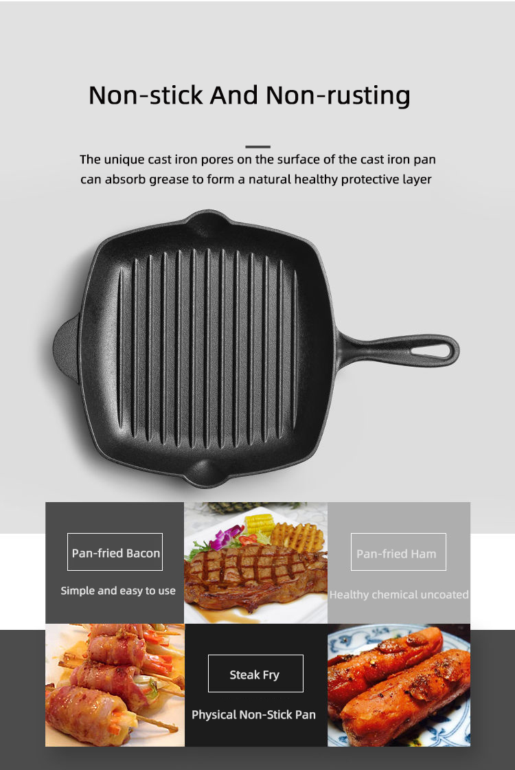 Flat Bottom Stovetop Grill Pan Cast Iron Non Stick Frying Pans For Cooking
