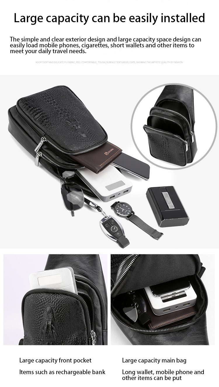 Trendy Black Leather Belt Bag for Men Crossbody Crocodile Grain Travel Fashion Bag PU Opp Sacoche Custom T/T