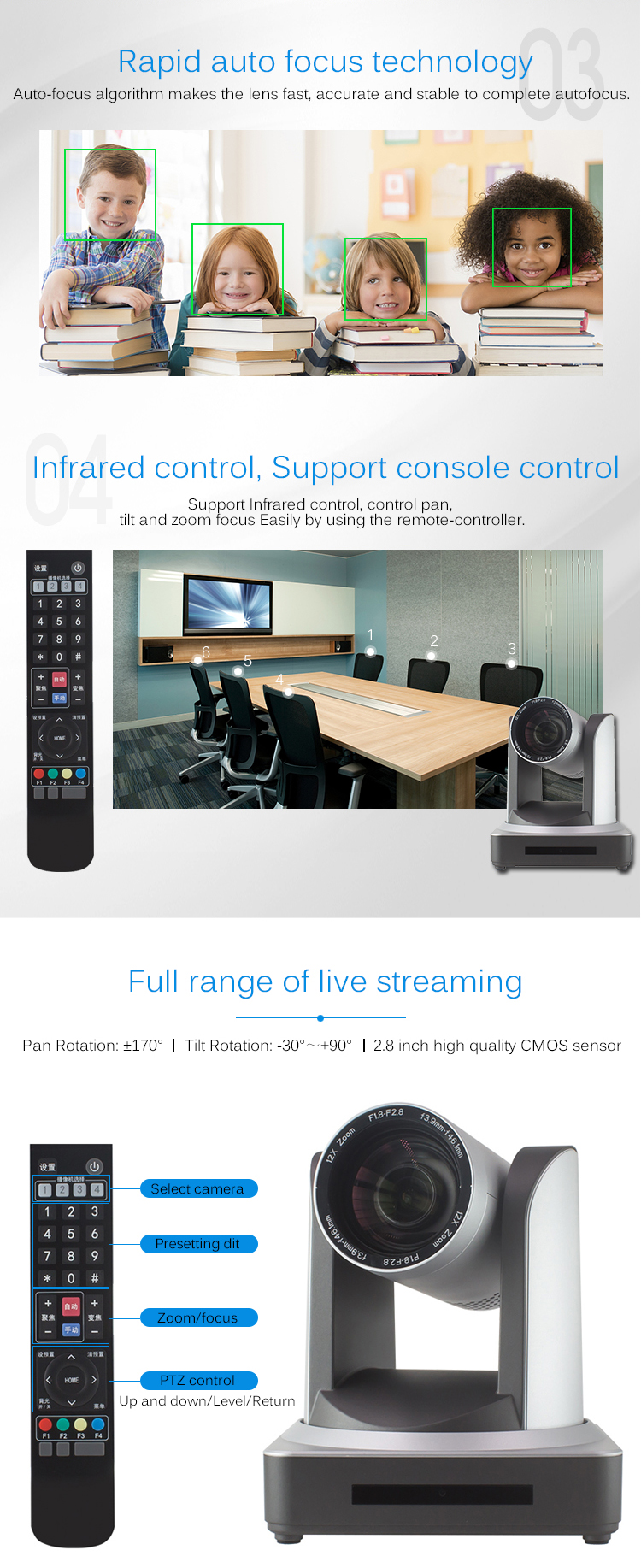 CMOS Sensor 12x Zoom PTZ Camera For Live Streaming With NDI POE